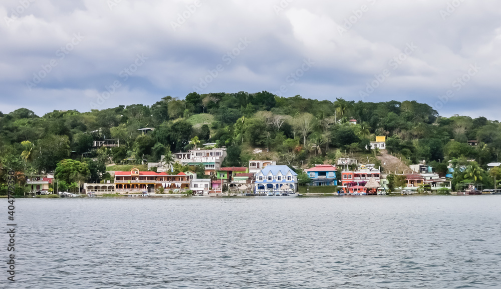 View of the old part of Flores city located on an island on Lake Peten Itza in the region of Peten Basin in northern Guatemala