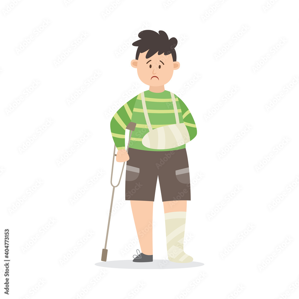 Boy after serious injury with broken limbs flat vector illustration isolated. Boy after serious injury with broken limbs flat vector illustration isolated.