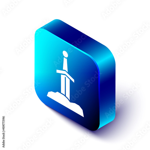 Isometric Sword in the stone icon isolated on white background. Excalibur the sword in the stone from the Arthurian legends. Blue square button. Vector.