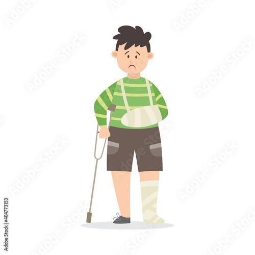 Boy after serious injury with broken limbs flat vector illustration isolated.
