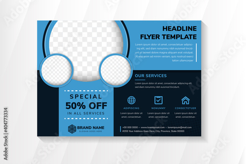 Modern abstract of flyer design template use horizontal layout. dark blue background with bright blue element. circle shape for space of photo collage.