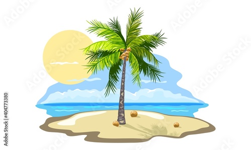 Exotic fruit on sand, burning sun, blooming tropical tree, paradise island. Vector dream, oasis, ocean and nature landscape, travel, holiday idea isolated on white background