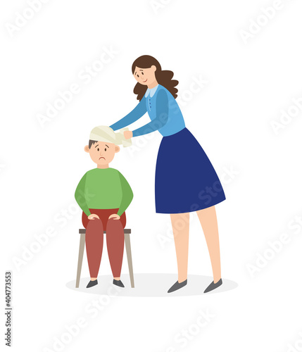 Woman bandages the head of a wounded boy, flat vector illustration isolated.