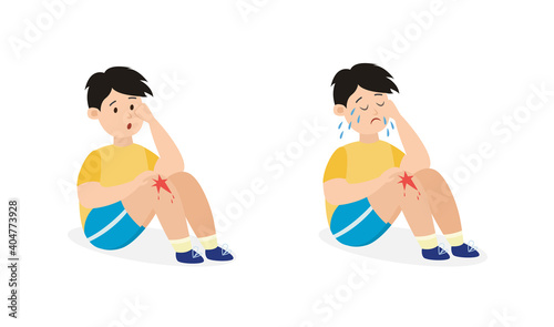 Set of child character with injury of knee flat vector illustration isolated.