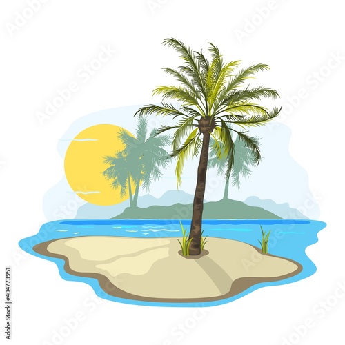 Dessert island  dreamy land  exotic paradise  oasis for body and soul. Vector blooming palm tree  burning sun  ocean  summer vacation design isolated on white background