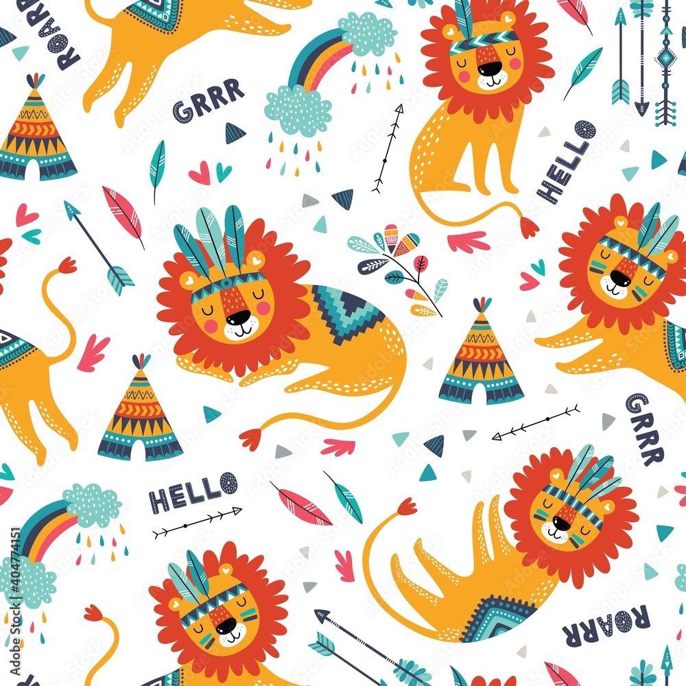 Wall Mural Cute tribal lions seamless vector pattern