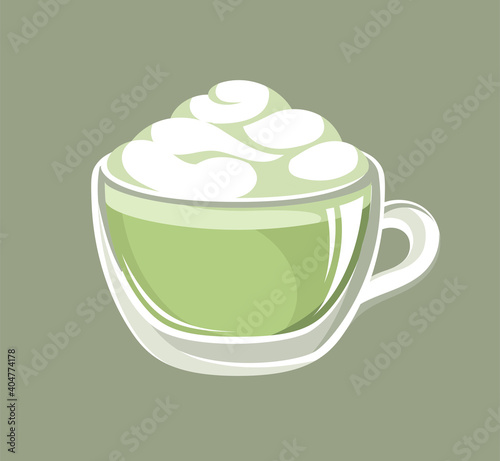 Matcha latte with white foam in a small cute glass mug. Cafe restaurant menu beverage drink vector illustration.