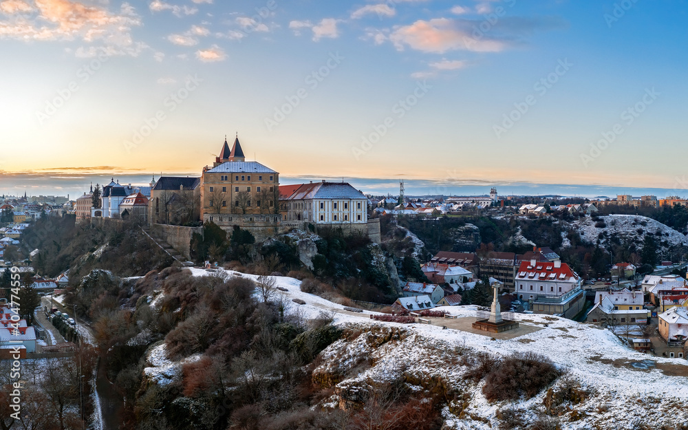 Veszprem city castle aera aerial photo in winter with snow. Amazing city part with historical old houses, church and much more. The most beautiful part of this city.