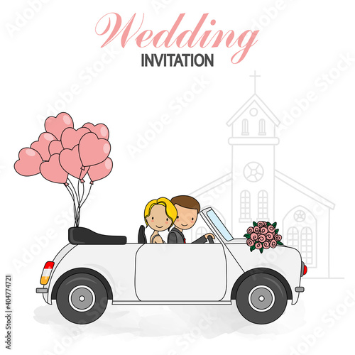 Wedding invitation card. Bride and groom in wedding car. Isolated vector