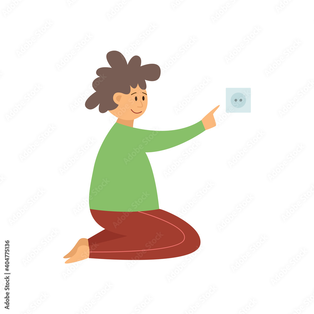 Cartoon character of kid boy touching an electrical socket a vector illustration Cartoon character of kid boy touching an electrical socket a vector illustration