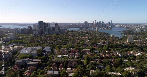 Lower North Shore suburbs of Sydney – aerial flying to Harbour and CBD 4k.
