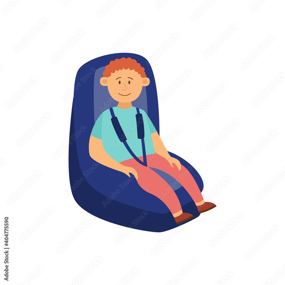 Child fastened in kids safety car chair, flat vector illustration isolated.