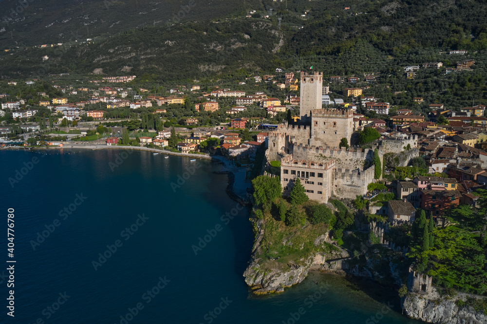 Malcesine town, Lake Garda, Italy. Panoramic aerial view of Scaliger Castle in Malcesine, Malcesine town. Italian resort on Lake Garda, Monte Baldo.