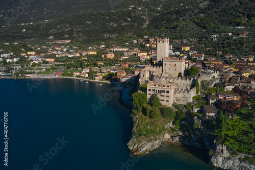 Malcesine town, Lake Garda, Italy. Panoramic aerial view of Scaliger Castle in Malcesine, Malcesine town. Italian resort on Lake Garda, Monte Baldo.