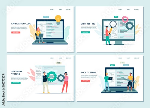Application code and software testing web banners set, flat vector illustration.