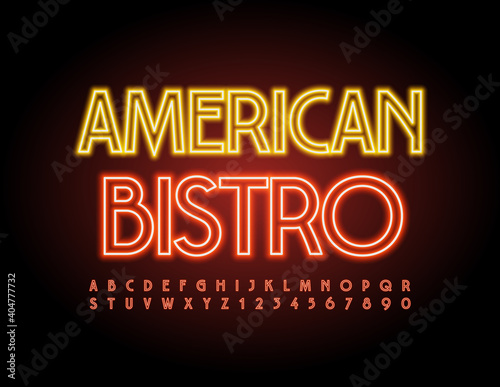 Vector trendy logo American Bistro. Modern Illuminated Font. Neon Red Alphabet Letters and Numbers set