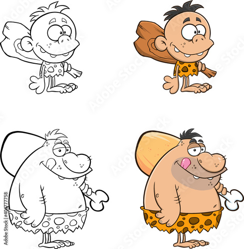Caveman Cartoon Characters. Vector Collection Set Isolated On White Background