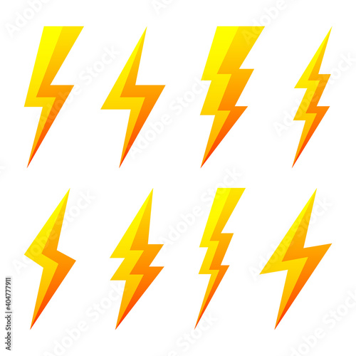 Yellow lightning bolt icons isolated on white background. Flash symbol  thunderbolt. Simple lightning strike sign. Vector illustration.