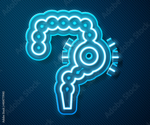 Glowing neon line Gut constipation icon isolated on blue background. Bowel problems. Vector.