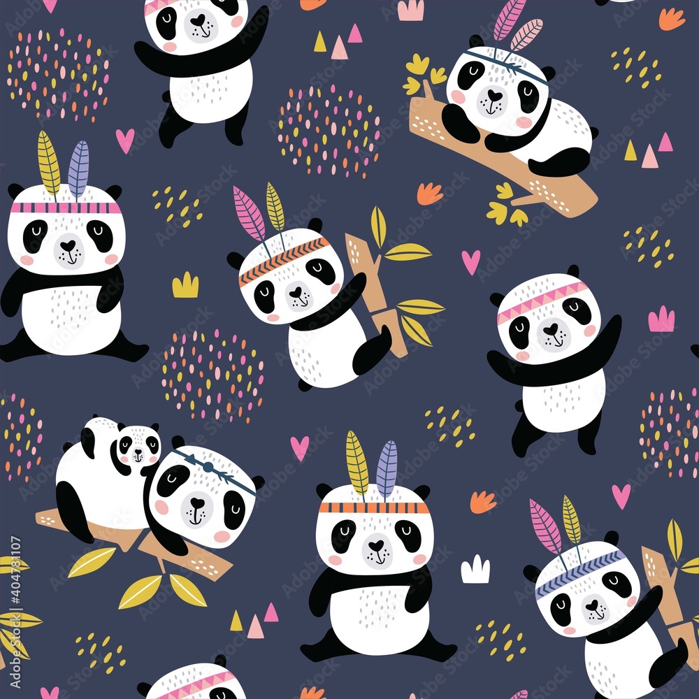 Seamless childish pattern with hand drawn cute pandas. Creative Scandinavian kids texture for fabric, wrapping, textile, wallpaper, apparel. Vector illustration Seamless childish pattern with hand drawn cute pandas. Creative Scandinavian kids texture for fabric, wrapping, textile, wallpaper, apparel. Vector illustration