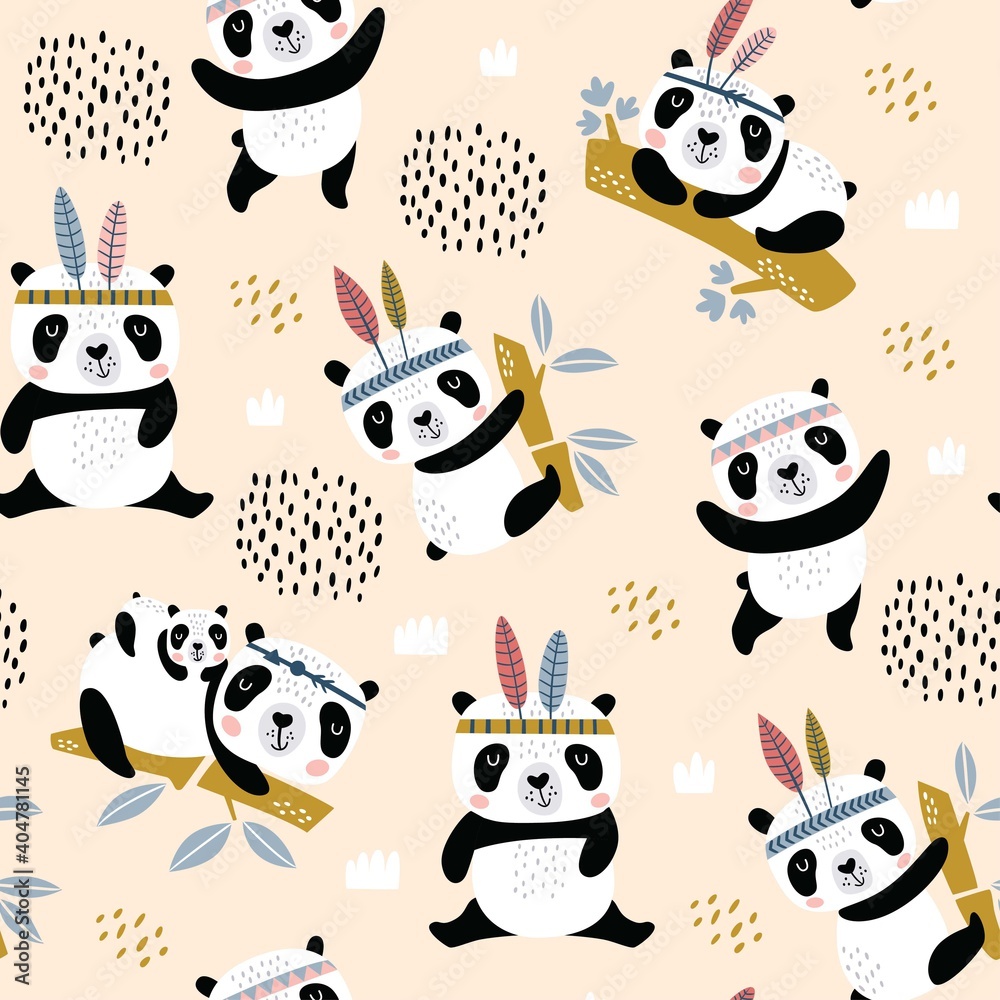 Seamless childish pattern with hand drawn cute pandas. Creative Scandinavian kids texture for fabric, wrapping, textile, wallpaper, apparel. Vector illustration