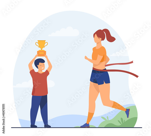 Woman winning running race and boy holding cup. Gold, jogging, athlete flat vector illustration. Competition and sport activity concept for banner, website design or landing web page