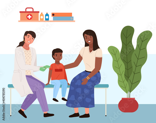 The nurse with a syringe vaccinates the child. Mom supports son during vaccination in the hospital. African American people at the medical laboratory. A doctor giving an injection to a little boy