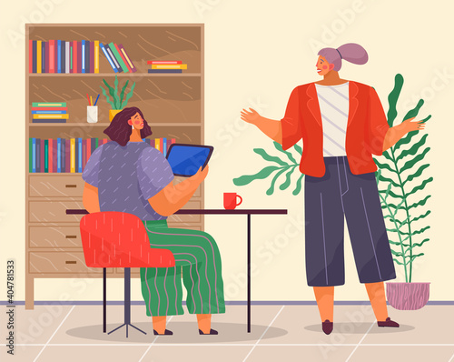 Office concept business people reason about a project at workplace. Emotional woman manager makes surprised gesture with her hands talking to chief. Lady boss sitting at a table holding tablet pc