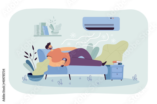 Man relaxing on couch under cold air flow from conditioner. Vector illustration for modern technology for house, home appliance, climate control concept