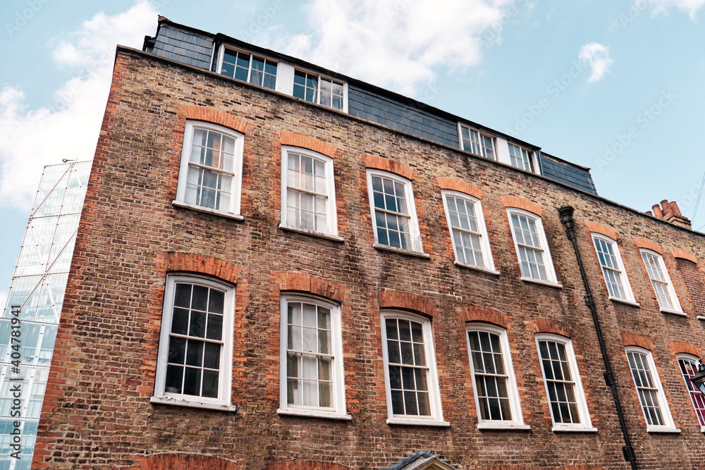 Exterior of a London apartment building. Copy space.