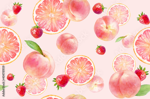 Fototapeta Naklejka Na Ścianę i Meble -  ピンク色のジューシーなフルーツのシームレスパターン。水彩イラスト。（モモ、イチゴ、グレープフルーツ）