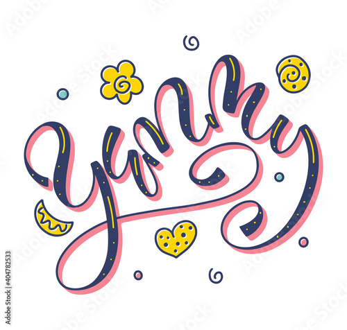 Yummy colored calligraphy with doodle biscuits, vector illustration isolated on white background.