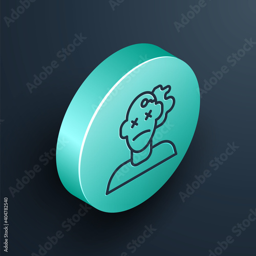 Isometric line Murder icon isolated on black background. Body, bleeding, corpse, bleeding icon. Concept of crime scene. Turquoise circle button. Vector.