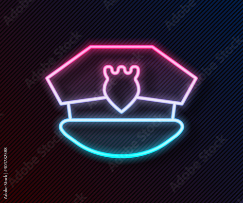 Glowing neon line Police cap with cockade icon isolated on black background. Police hat sign. Vector.