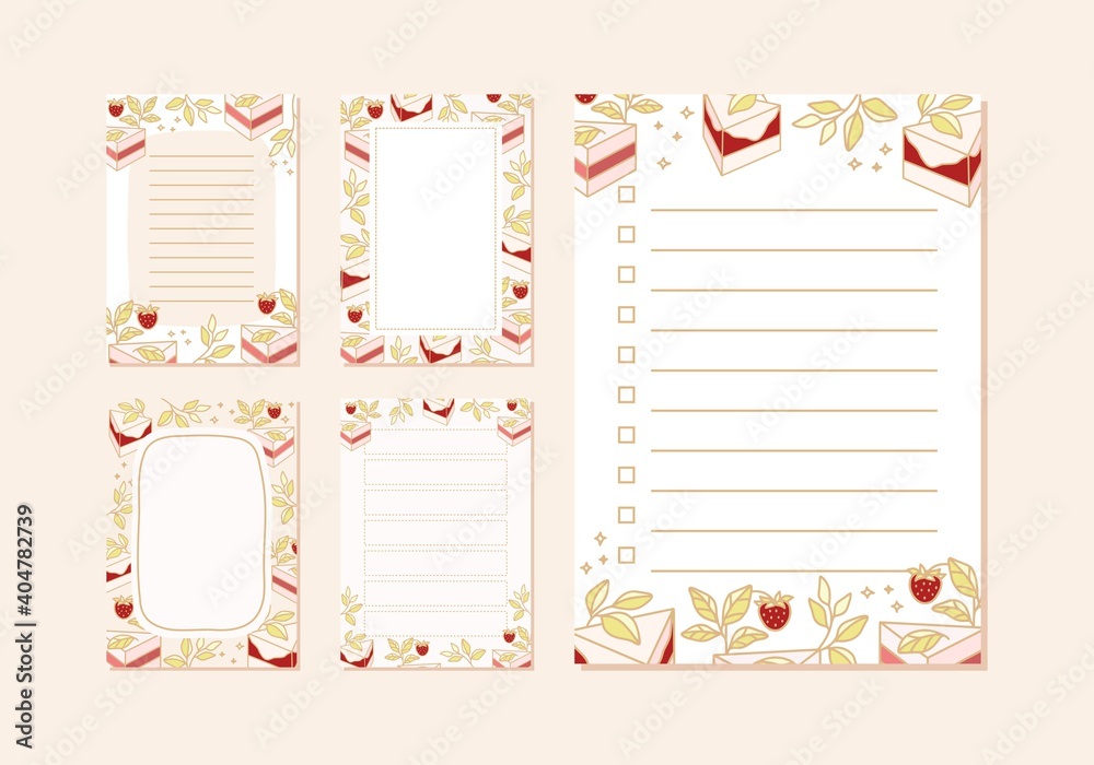 Set of printable vector template for to do list, manifestation planner, affirmation, gratitude, daily planner, notepad, journaling, bullet journal with cute strawberry cake and floral illustration Set of printable vector template for to do list, manifestation planner, affirmation, gratitude, daily planner, notepad, journaling, bullet journal with cute strawberry cake and floral illustration