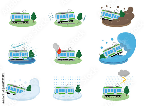 様々な災害に遭う電車のベクターイラストセット
