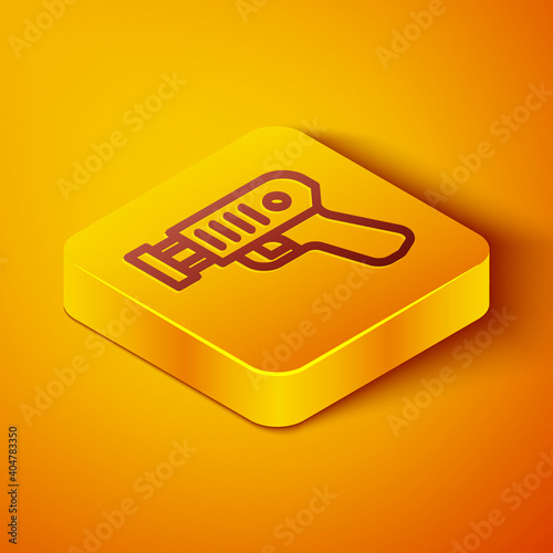Isometric line Police electric shocker icon isolated on orange background. Shocker for protection. Taser is an electric weapon. Yellow square button. Vector.