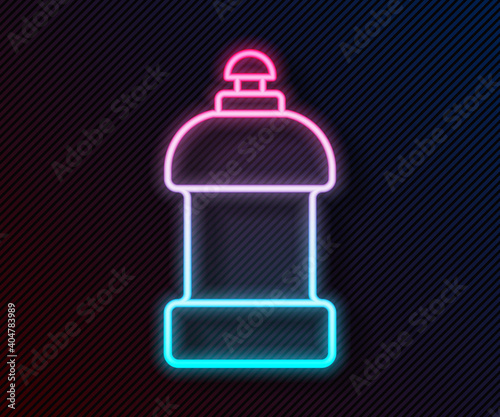 Glowing neon line Plastic bottle for laundry detergent, bleach, dishwashing liquid or another cleaning agent icon isolated on black background. Vector.
