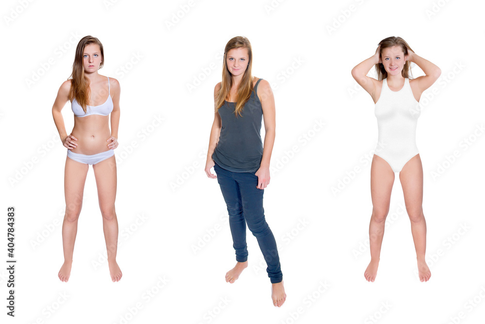 Three full length portraits of a beautiful young woman wearing casual clothes, underwear and swimsuit, isolated on white studio background
