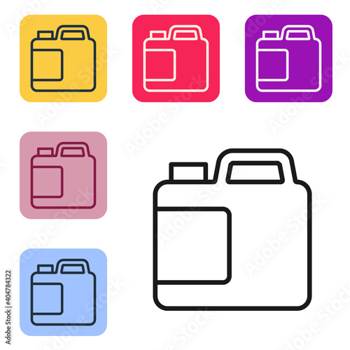 Black line Plastic bottle for laundry detergent, bleach, dishwashing liquid or another cleaning agent icon isolated on white background. Set icons in color square buttons. Vector.