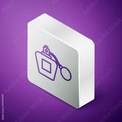 Isometric line Perfume icon isolated on purple background. Silver square button. Vector.