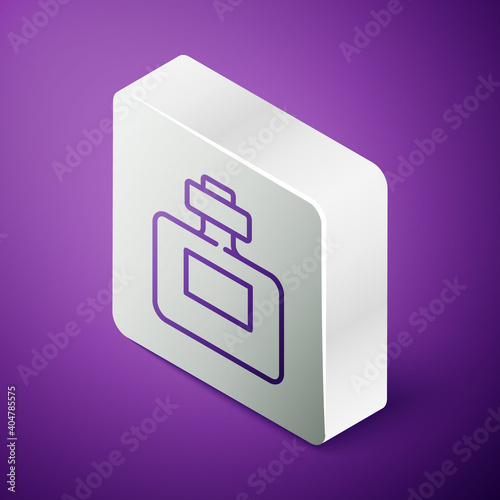 Isometric line Perfume icon isolated on purple background. Silver square button. Vector.