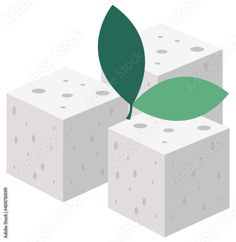 Three cubes of sugar isolated on white background. Pressed sweeteners vector illustration. Sugar for adding to food formed in the form of cubes with a green leaf on top. White sweetener with dark dots