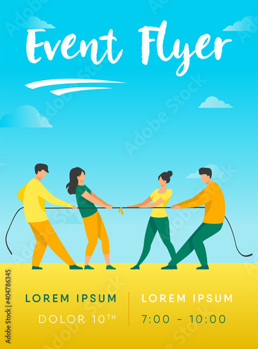 People pulling opposite ends of rope flat vector illustration. Tug of war contest between office workers. Competition challenge and confrontation concept