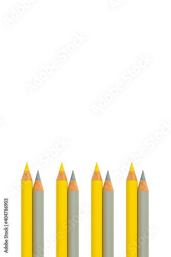 Pencils in trendy Ultimate Gray and Illuminating colors of the year 2021, isolated on white background with copy space.