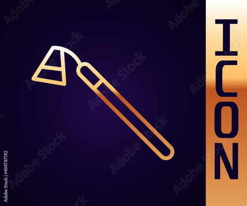 Gold line Garden hoe icon isolated on black background. Tool for horticulture, agriculture, farming. Vector.