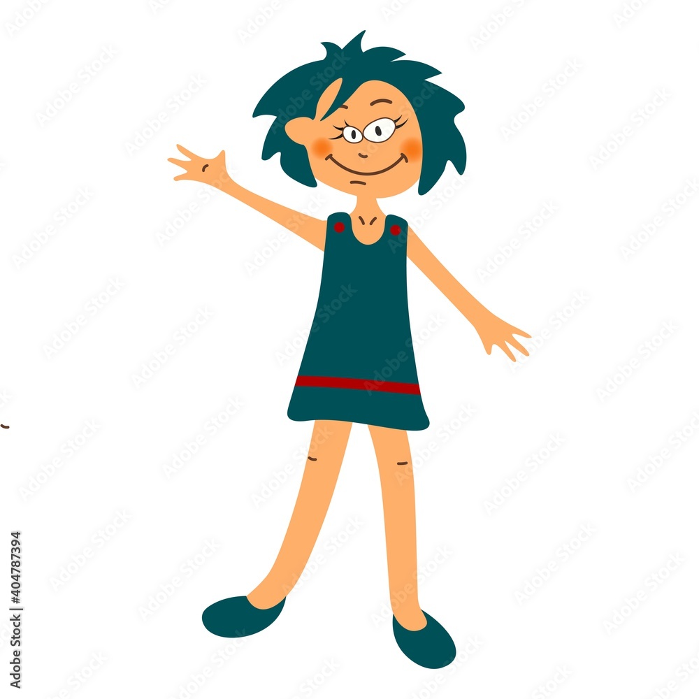 Cute funny cool little girl waving hand. Cheerful cartoon illustration. Vector. Cute funny cool little girl waving hand. Cheerful cartoon illustration. Vector.