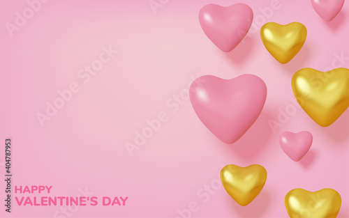 Valentines Day greeting card. Realistic 3d pink and gold hearts. Love and wedding. Template for products, web banners and leaflets. Vector