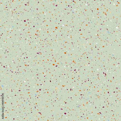 Vector dense terrazzo pattern seamless background. Green backdrop of multicolor coarse grained stone granite particles. Abstract igneous rock texture of mineral crystals. Elegant stone surface repeat