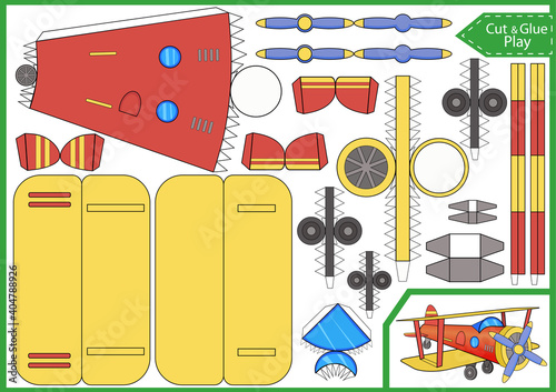 Cut and glue the paper 3d plane. Worksheet with funny education riddle. Children art game. Kids crafts activity page. Create toys car yourself. Birthday decor. Vector illustration.